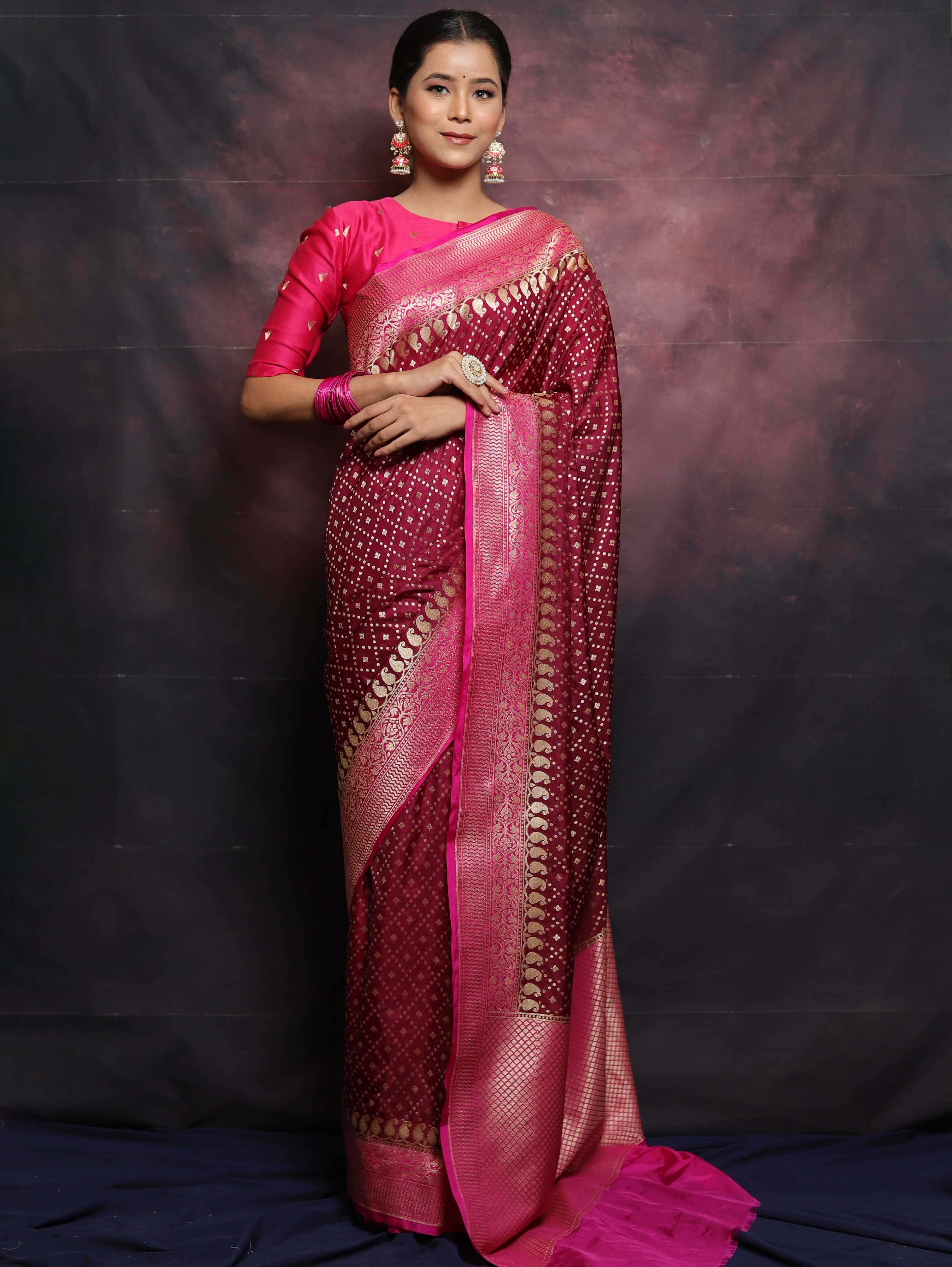 Banarasee Semi-Katan Zari Buta & Contrast Border Saree-Maroon & Pink