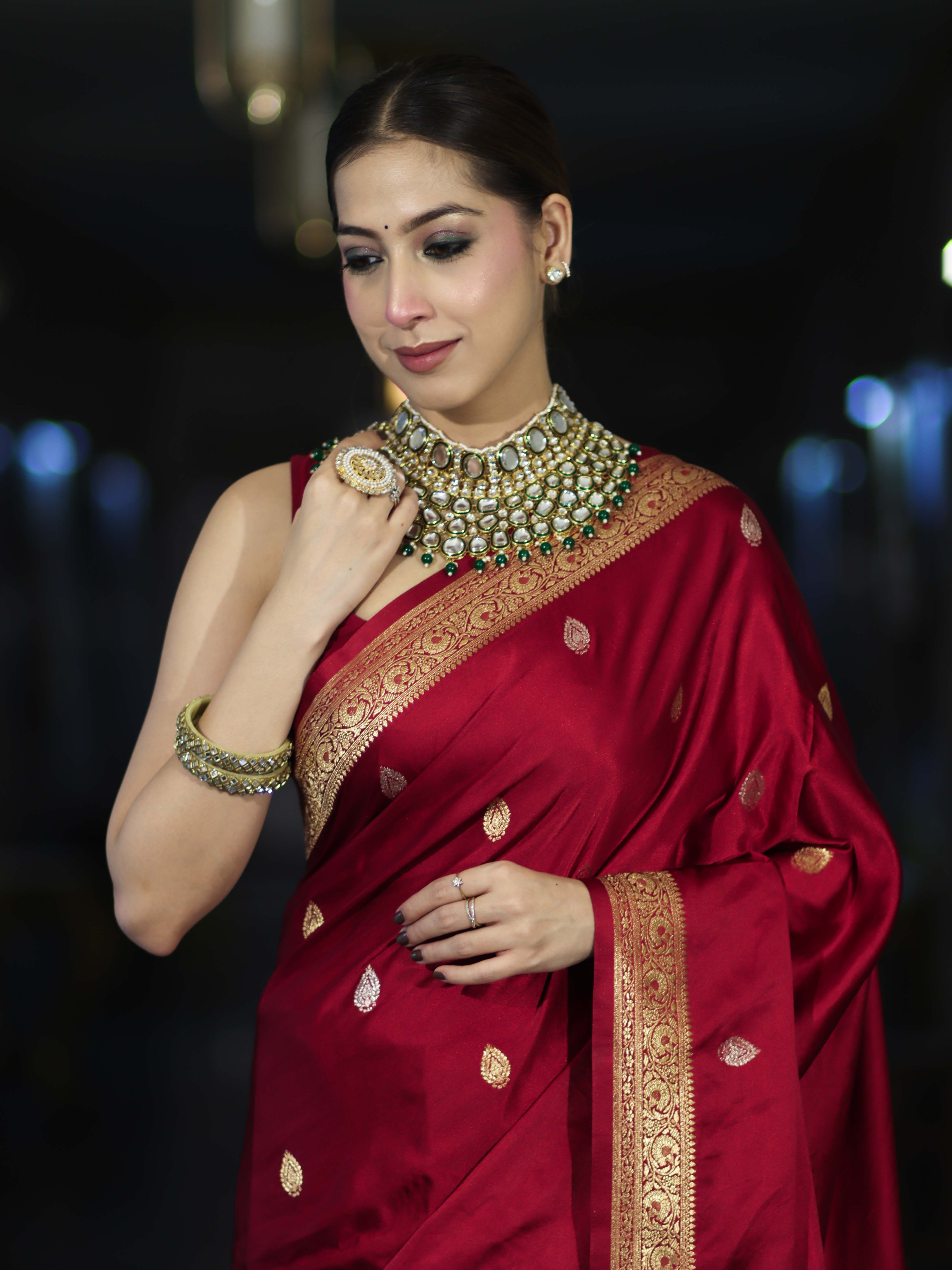 Banarasee Mashru Silk Saree With Zari Motifs & Floral Border-Red