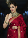 Banarasee Mashru Silk Saree With Zari Motifs & Floral Border-Red