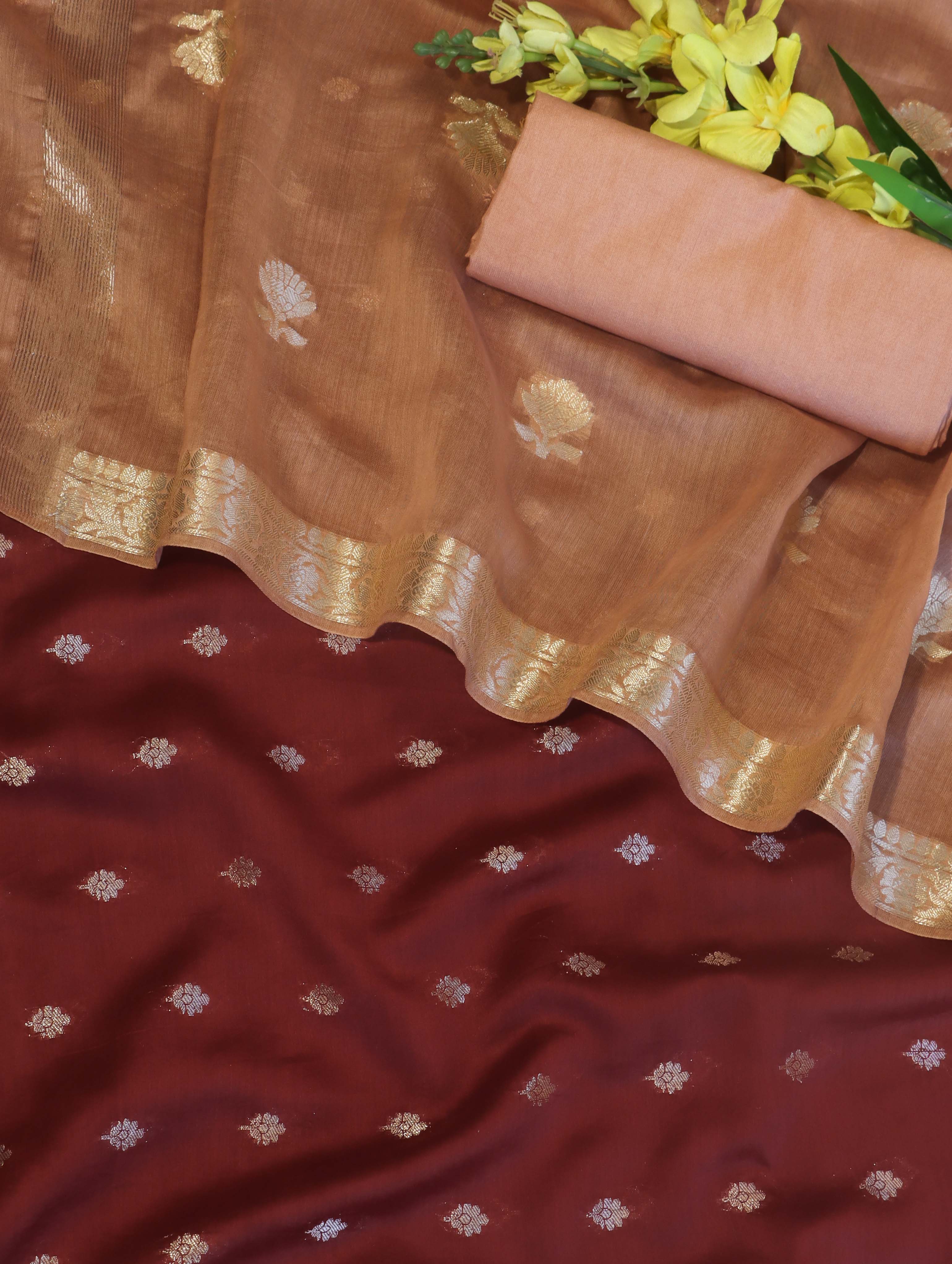 Banarasee Handloom Pure Silk Zari Buti Salwar Kameez Fabric With Dupatta-Maroon & Peach