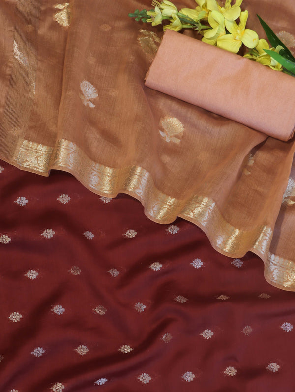 Banarasee Handloom Pure Silk Zari Buti Salwar Kameez Fabric With Dupatta-Maroon & Peach