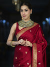 Banarasee Mashru Silk Saree With Zari Motifs & Floral Border-Red