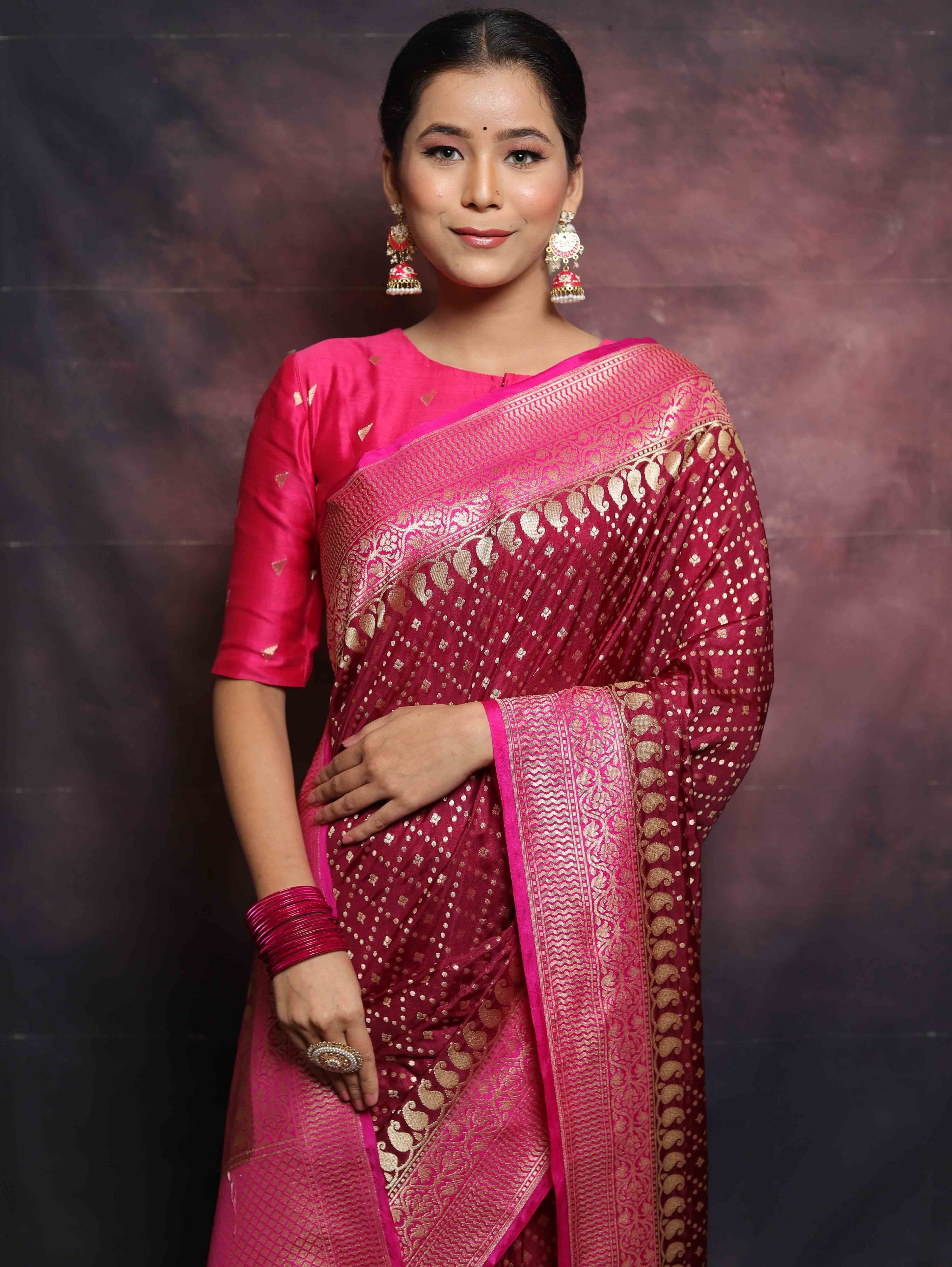 Banarasee Semi-Katan Zari Buta & Contrast Border Saree-Maroon & Pink