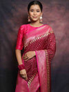 Banarasee Semi-Katan Zari Buta & Contrast Border Saree-Maroon & Pink