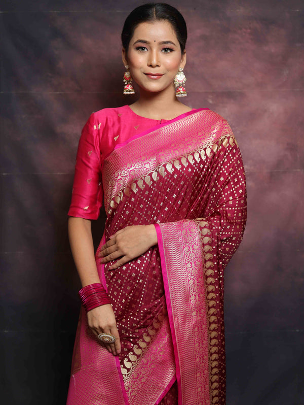 Banarasee Semi-Katan Zari Buta & Contrast Border Saree-Maroon & Pink