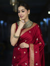 Banarasee Mashru Silk Saree With Zari Motifs & Floral Border-Red