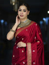 Banarasee Mashru Silk Saree With Zari Motifs & Floral Border-Red