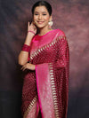 Banarasee Semi-Katan Zari Buta & Contrast Border Saree-Maroon & Pink