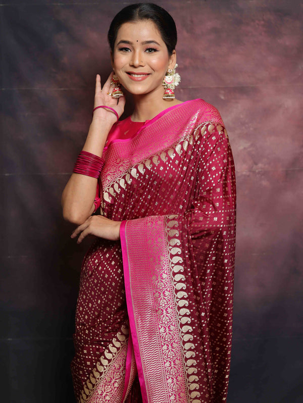 Banarasee Semi-Katan Zari Buta & Contrast Border Saree-Maroon & Pink