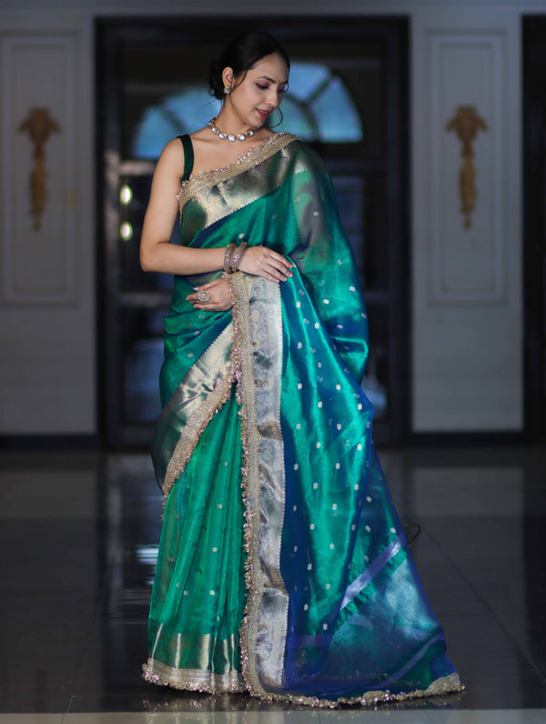 Banarasee Handloom Dual Tone Tissue Saree With Buti Design Zari Border & Lace-Green