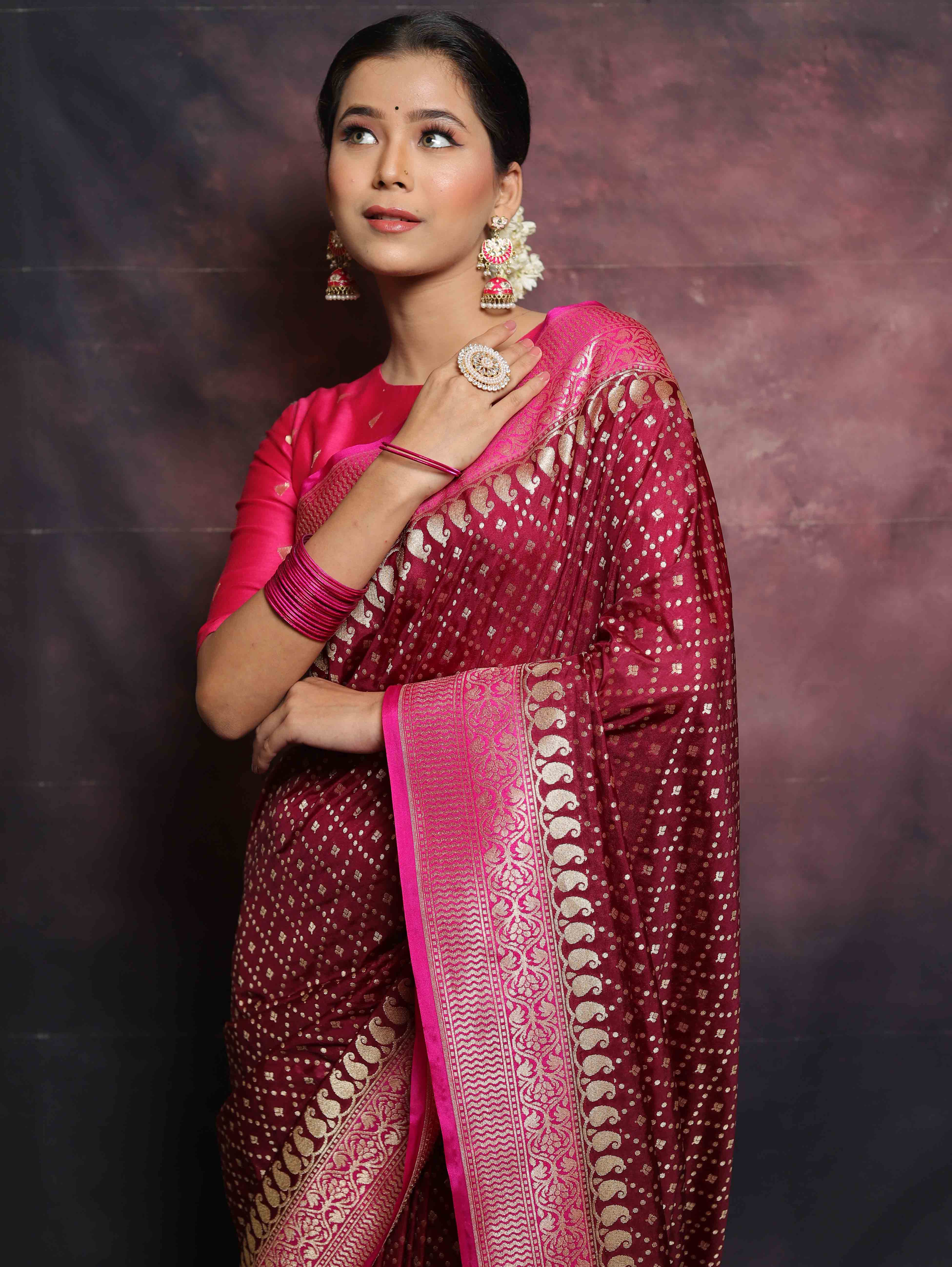 Banarasee Semi-Katan Zari Buta & Contrast Border Saree-Maroon & Pink