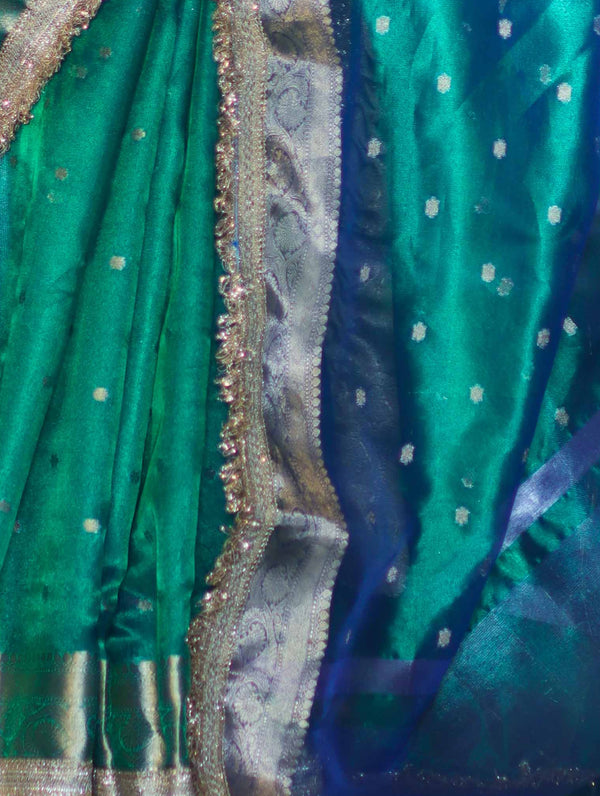 Banarasee Handloom Dual Tone Tissue Saree With Buti Design Zari Border & Lace-Green