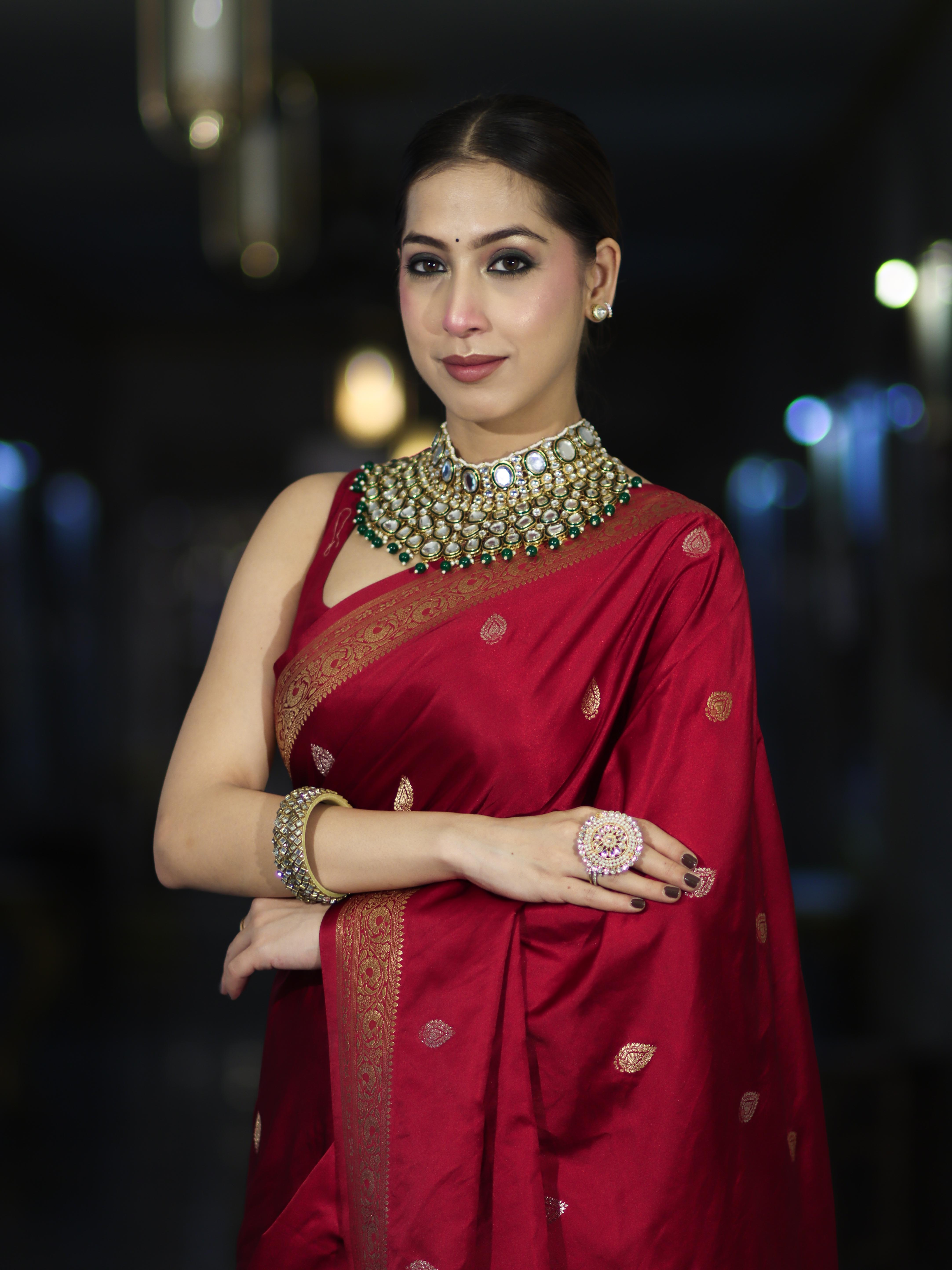 Banarasee Mashru Silk Saree With Zari Motifs & Floral Border-Red