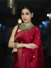 Banarasee Mashru Silk Saree With Zari Motifs & Floral Border-Red