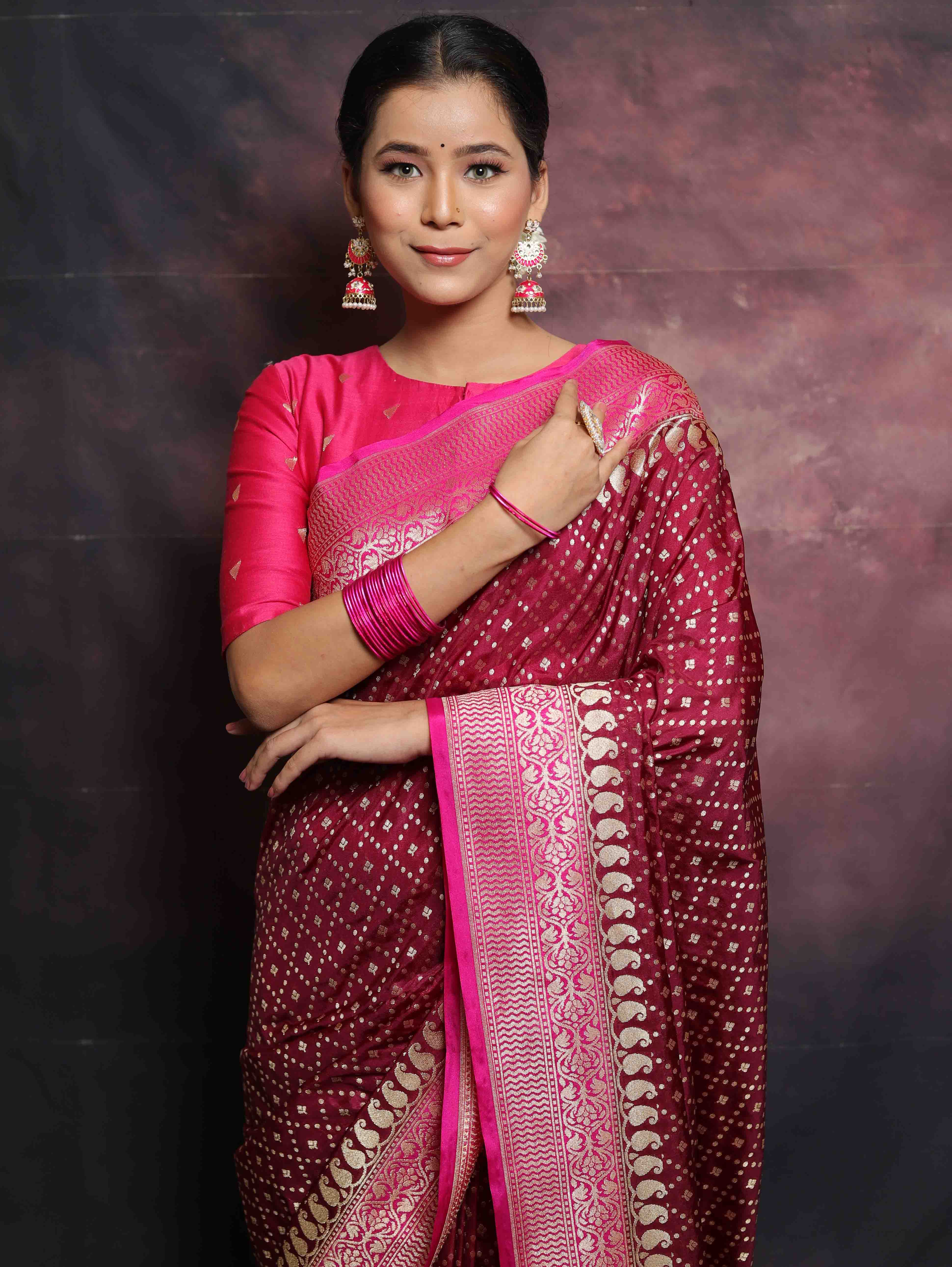 Banarasee Semi-Katan Zari Buta & Contrast Border Saree-Maroon & Pink