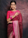 Banarasee Semi-Katan Zari Buta & Contrast Border Saree-Maroon & Pink