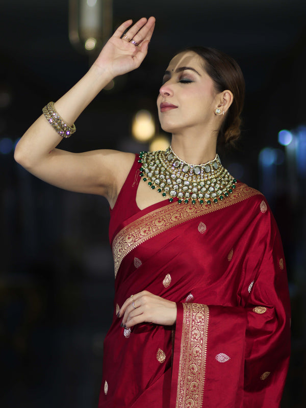 Banarasee Mashru Silk Saree With Zari Motifs & Floral Border-Red