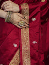 Banarasee Mashru Silk Saree With Zari Motifs & Floral Border-Red