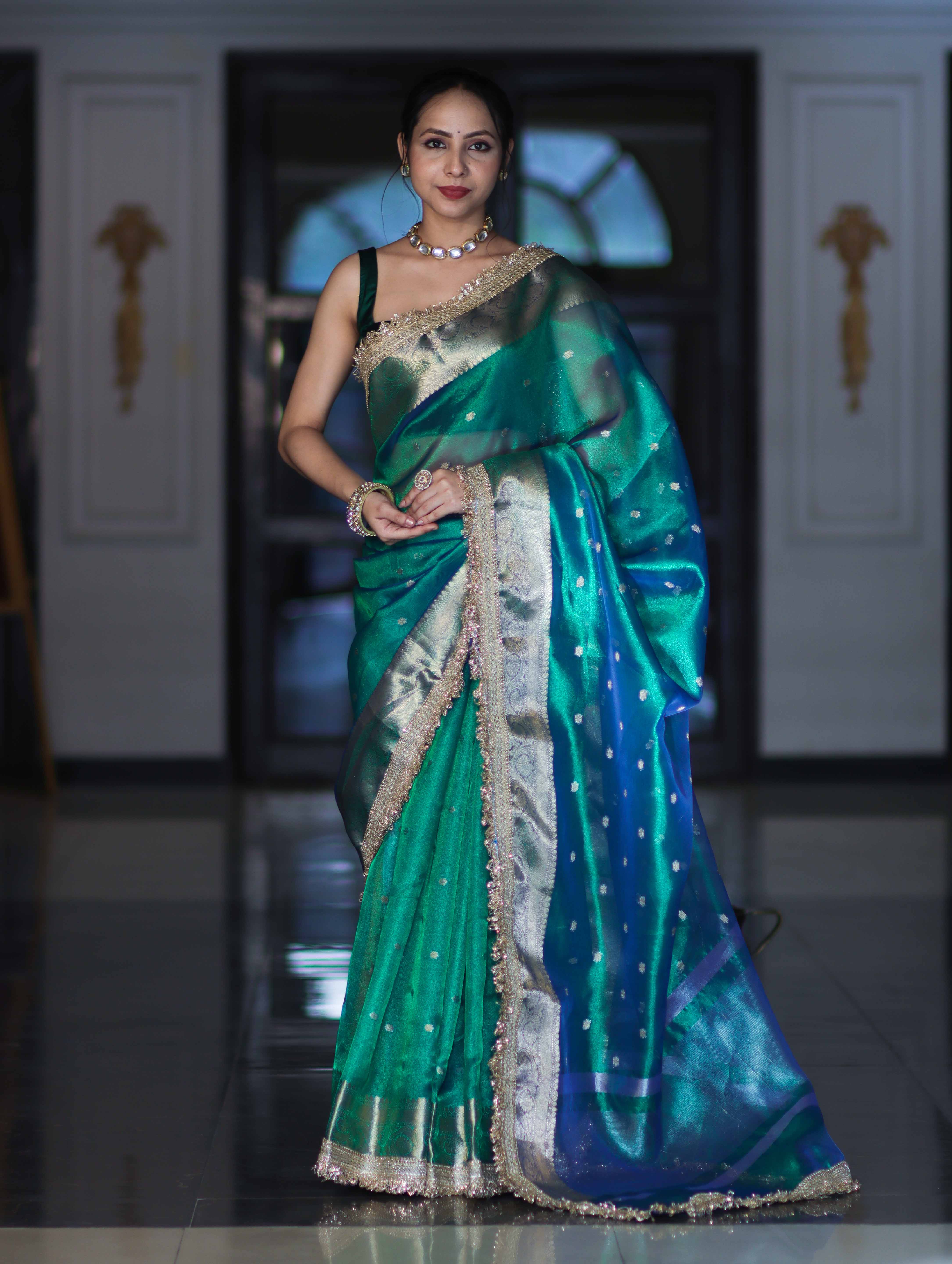 Banarasee Handloom Dual Tone Tissue Saree With Buti Design Zari Border & Lace-Green