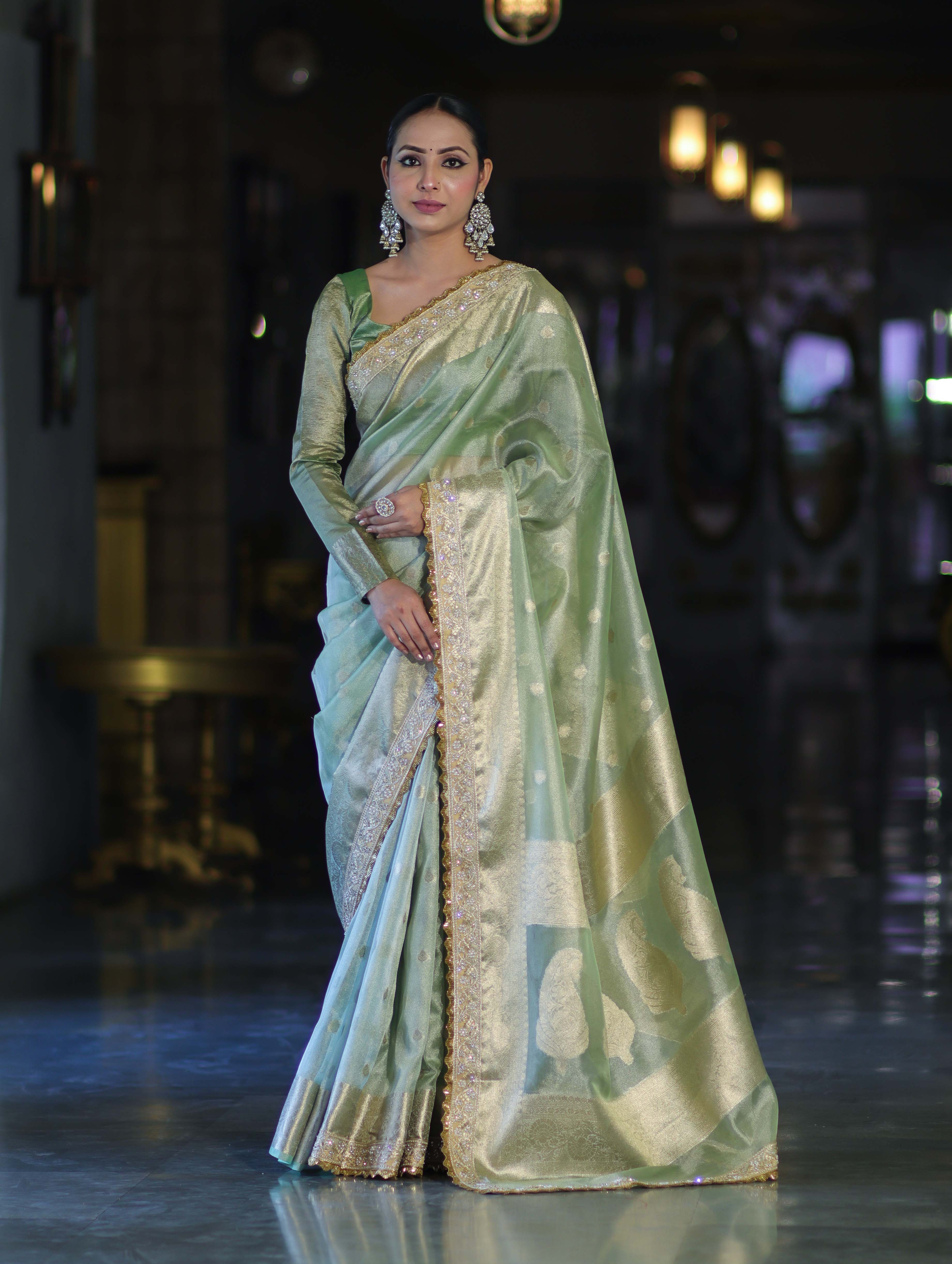 Banarasee Handloom Tissue Saree With Zari Buti Design Border & Lace-Pastel Green