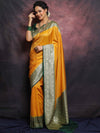 Banarasee Semi-Katan Zari Buta & Contrast Border Saree-Yellow & Green