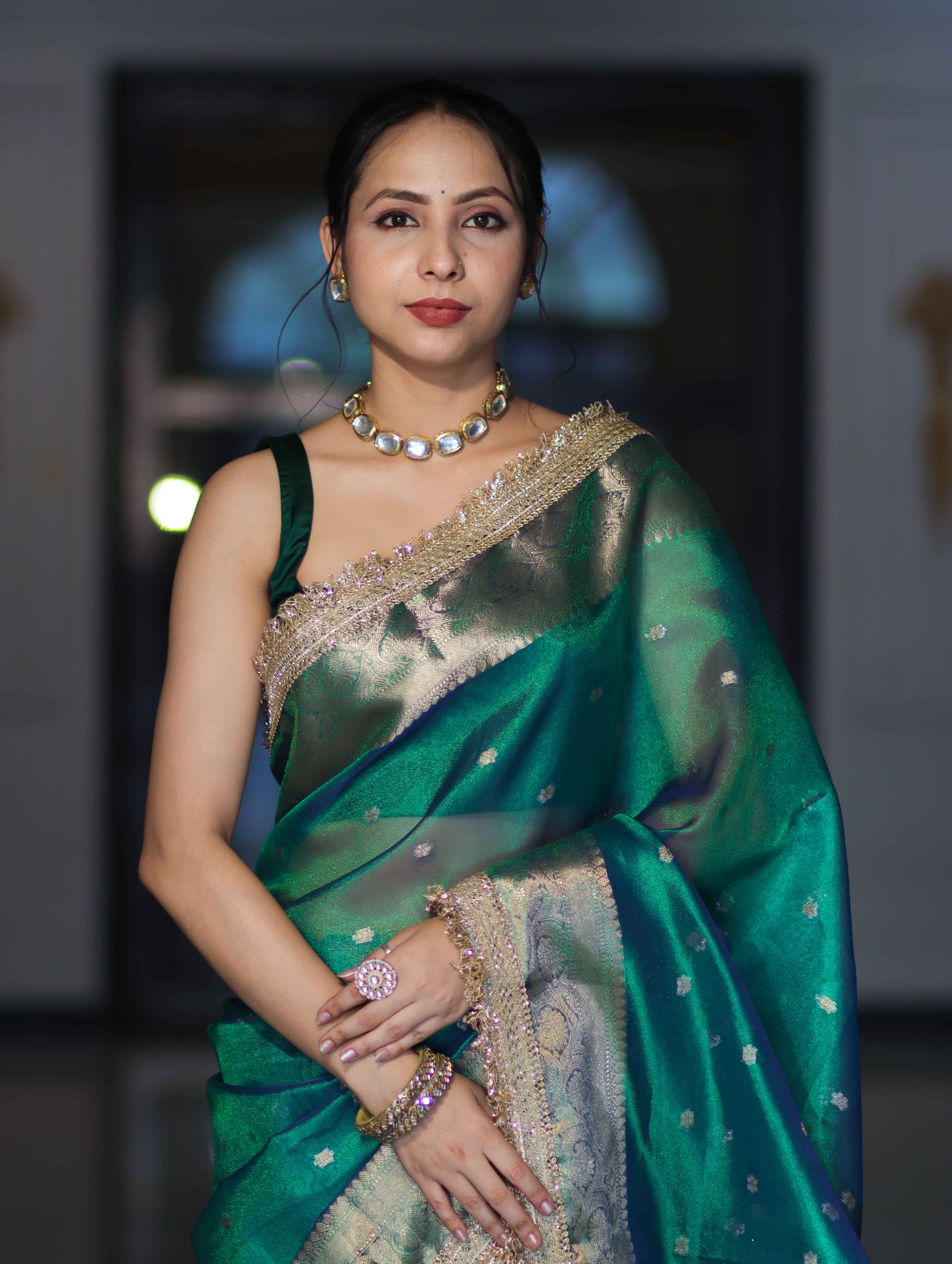 Banarasee Handloom Dual Tone Tissue Saree With Buti Design Zari Border & Lace-Green
