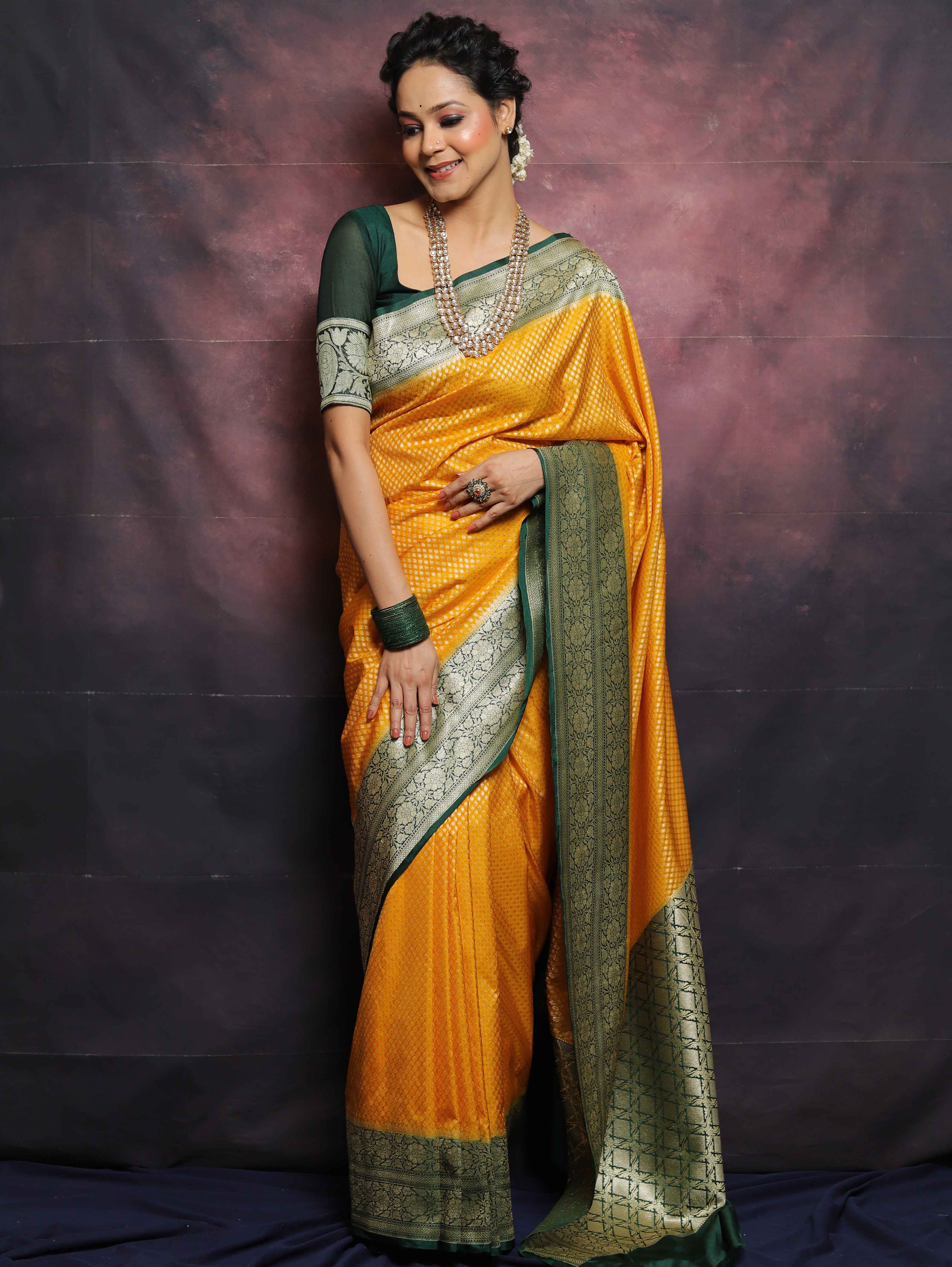 Banarasee Semi-Katan Zari Buta & Contrast Border Saree-Yellow & Green