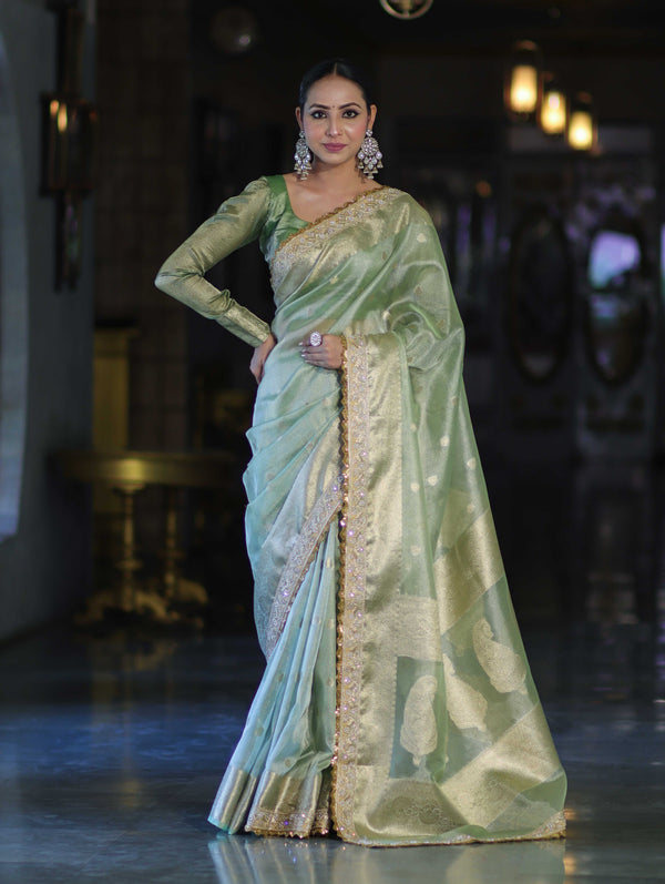 Banarasee Handloom Tissue Saree With Zari Buti Design Border & Lace-Pastel Green