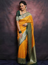 Banarasee Semi-Katan Zari Buta & Contrast Border Saree-Yellow & Green