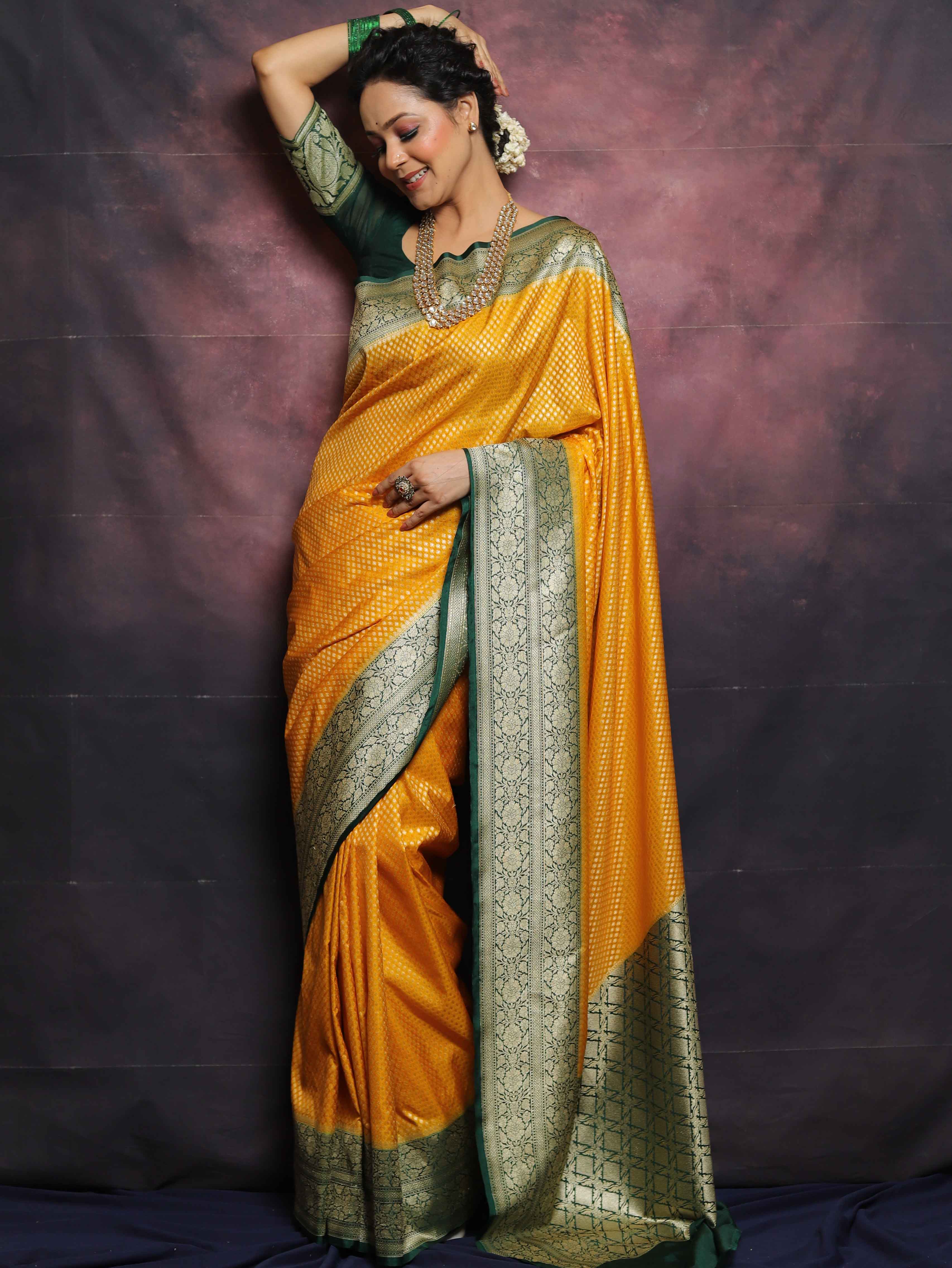 Banarasee Semi-Katan Zari Buta & Contrast Border Saree-Yellow & Green