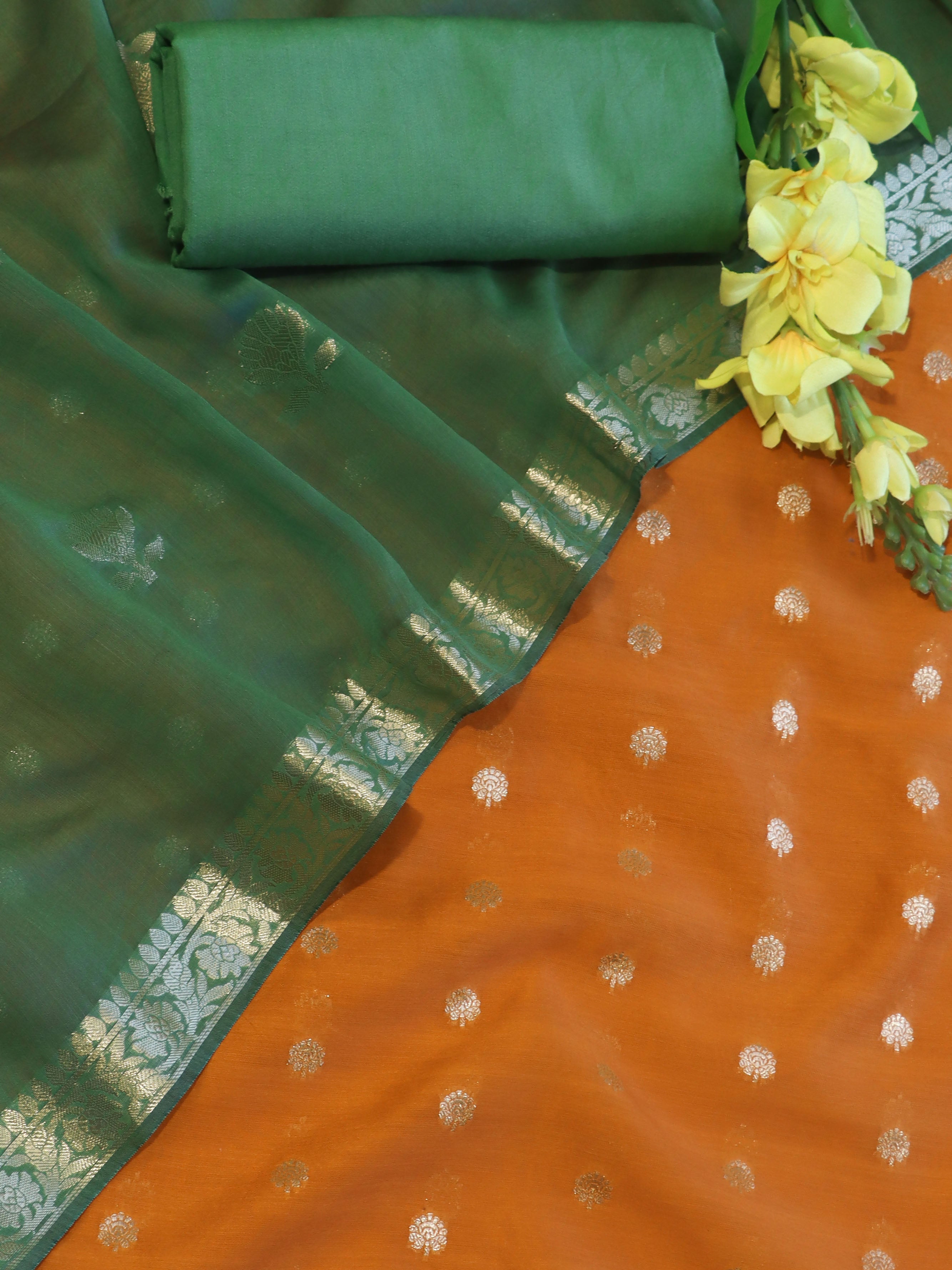 Banarasee Handloom Pure Silk Zari Buti Salwar Kameez Fabric With Dupatta-Orange & Green