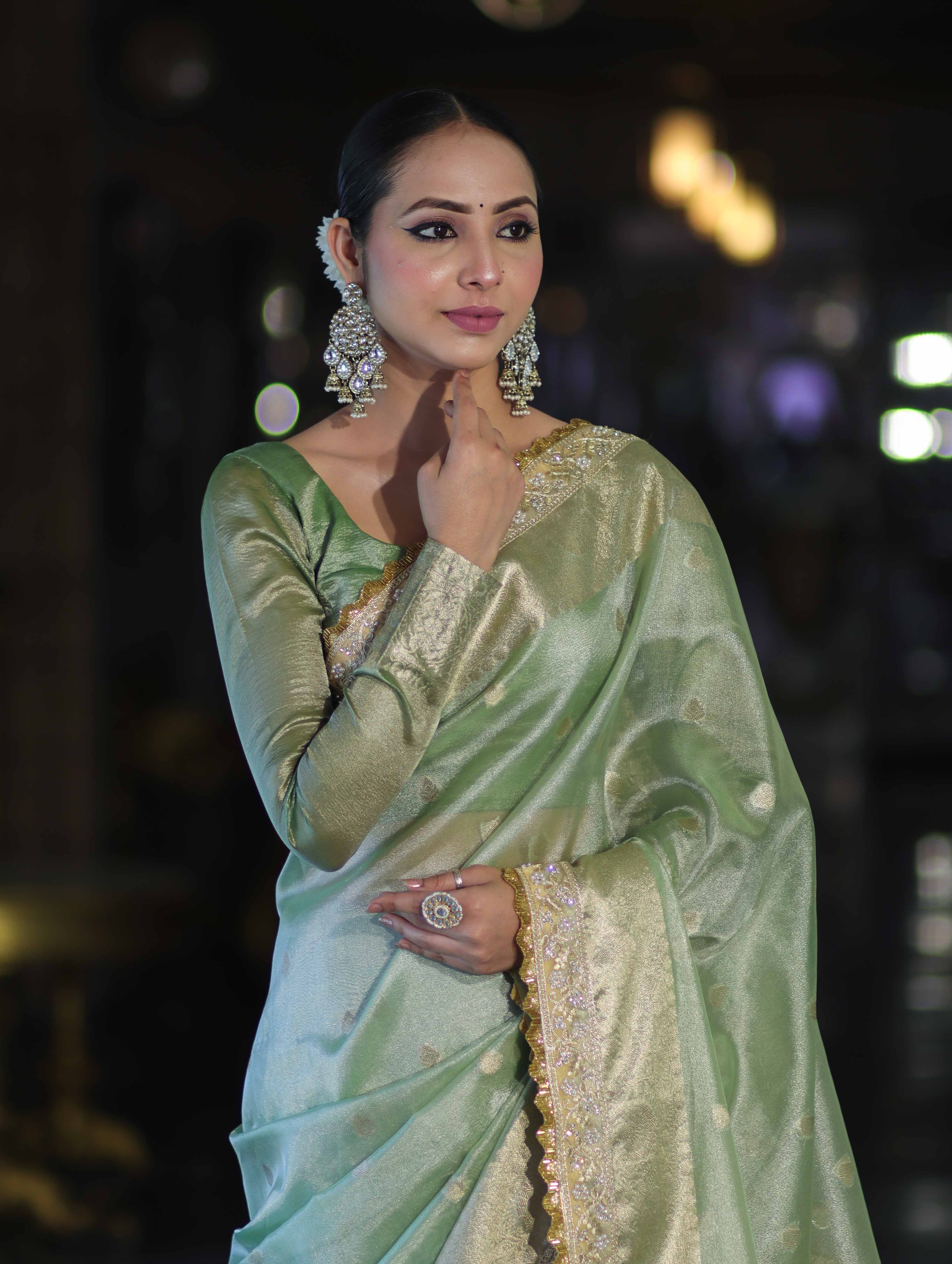 Banarasee Handloom Tissue Saree With Zari Buti Design Border & Lace-Pastel Green