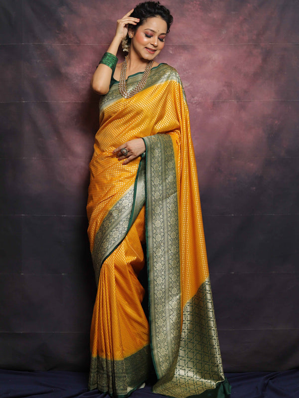 Banarasee Semi-Katan Zari Buta & Contrast Border Saree-Yellow & Green