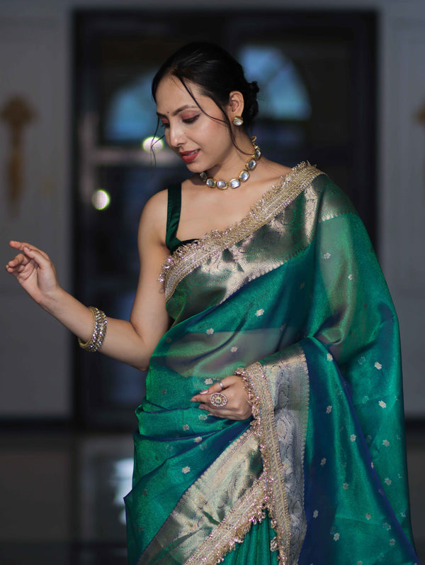 Banarasee Handloom Dual Tone Tissue Saree With Buti Design Zari Border & Lace-Green