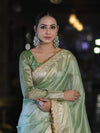 Banarasee Handloom Tissue Saree With Zari Buti Design Border & Lace-Pastel Green