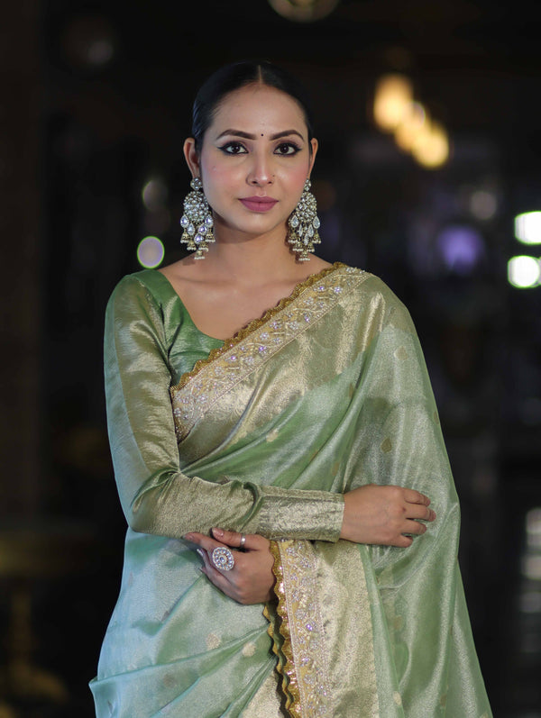 Banarasee Handloom Tissue Saree With Zari Buti Design Border & Lace-Pastel Green