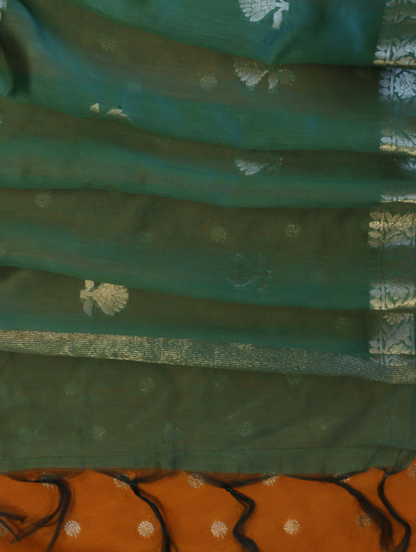 Banarasee Handloom Pure Silk Zari Buti Salwar Kameez Fabric With Dupatta-Orange & Green