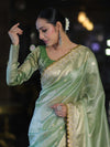 Banarasee Handloom Tissue Saree With Zari Buti Design Border & Lace-Pastel Green
