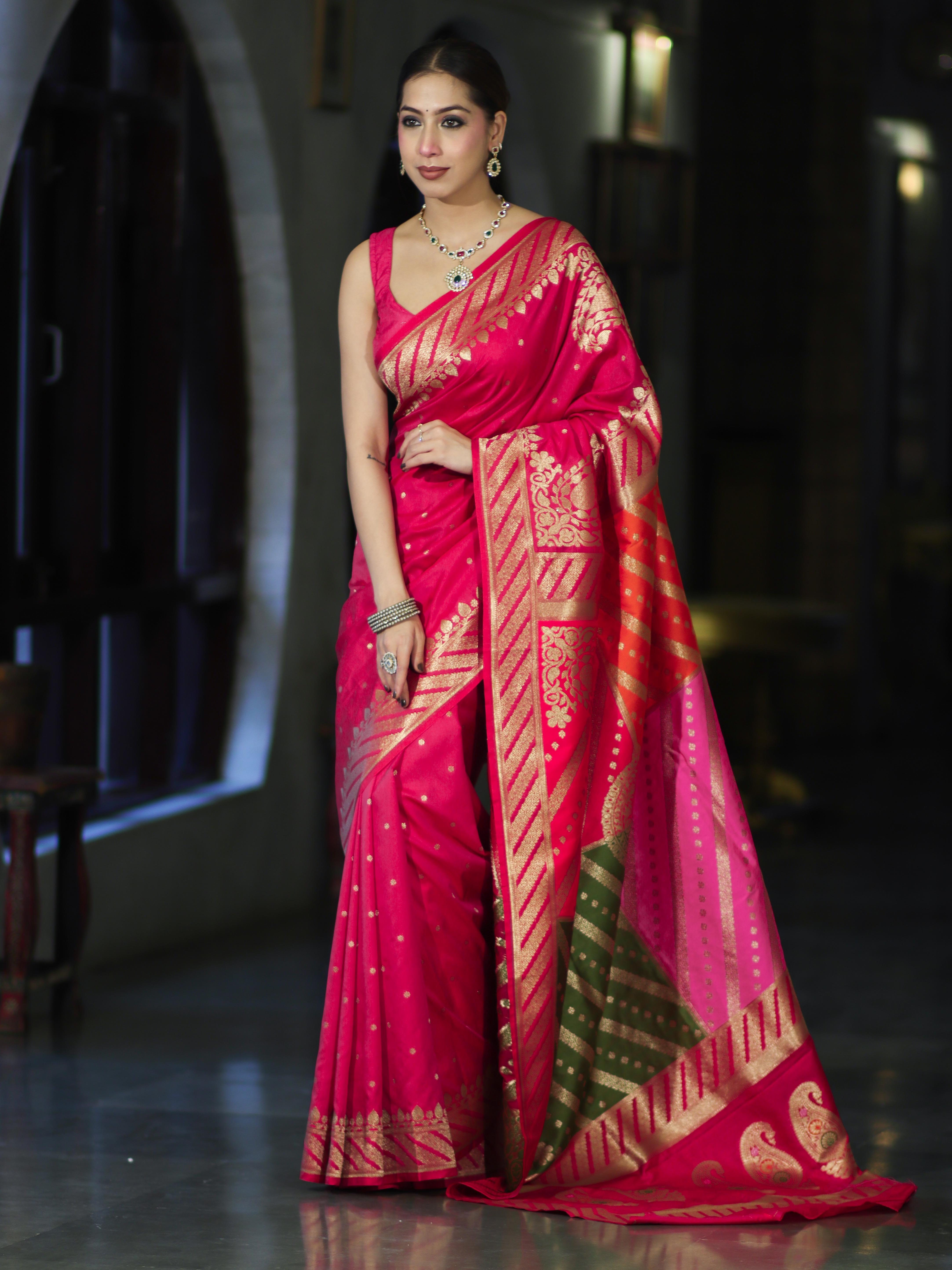 Banarasee Semi Katan Saree With Buti Design & Zari Woven Multicolor Pallu-Pink