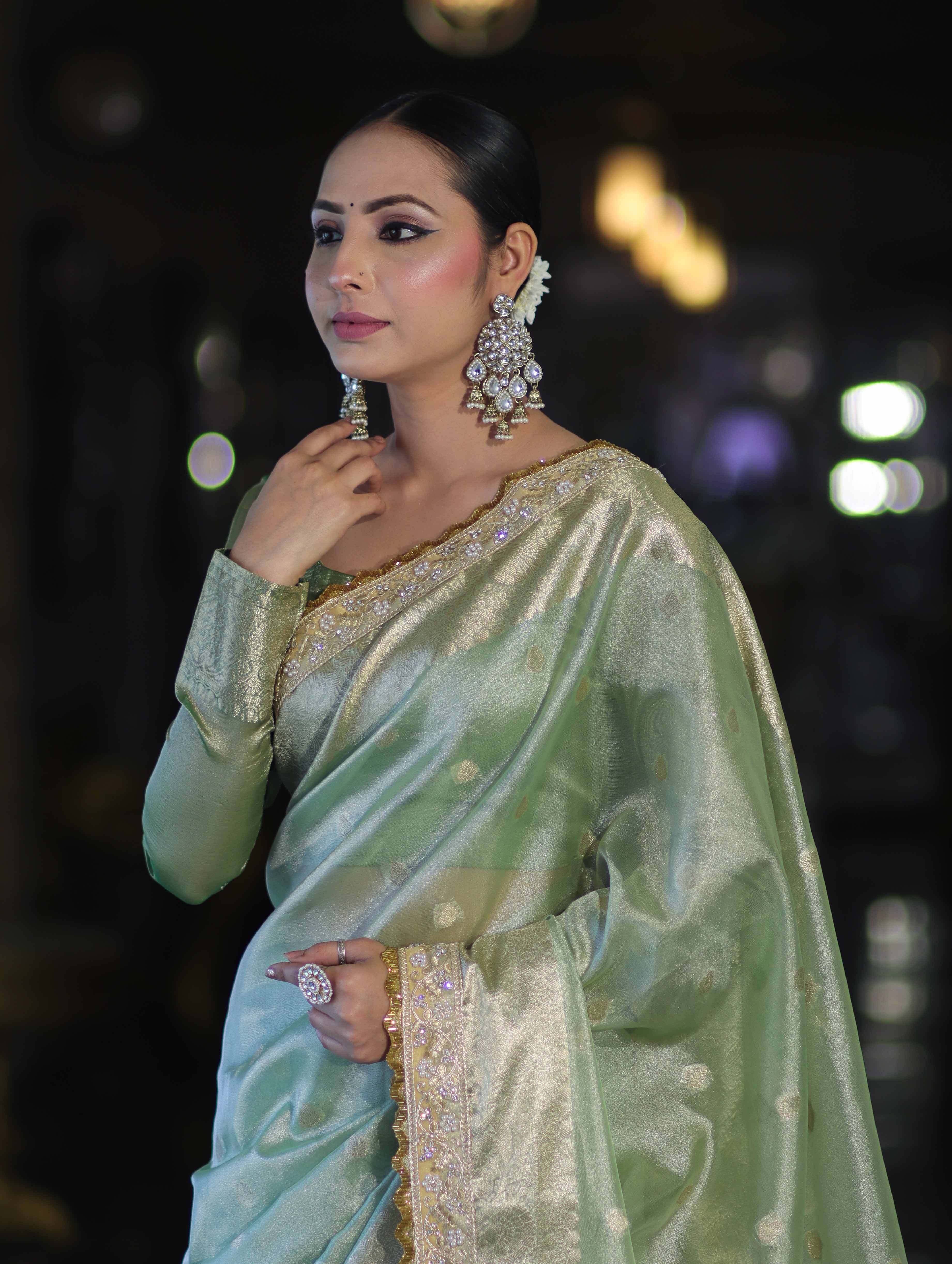 Banarasee Handloom Tissue Saree With Zari Buti Design Border & Lace-Pastel Green