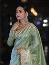 Banarasee Handloom Tissue Saree With Zari Buti Design Border & Lace-Pastel Green