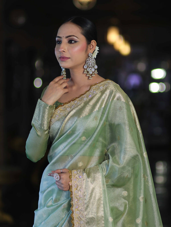 Banarasee Handloom Tissue Saree With Zari Buti Design Border & Lace-Pastel Green