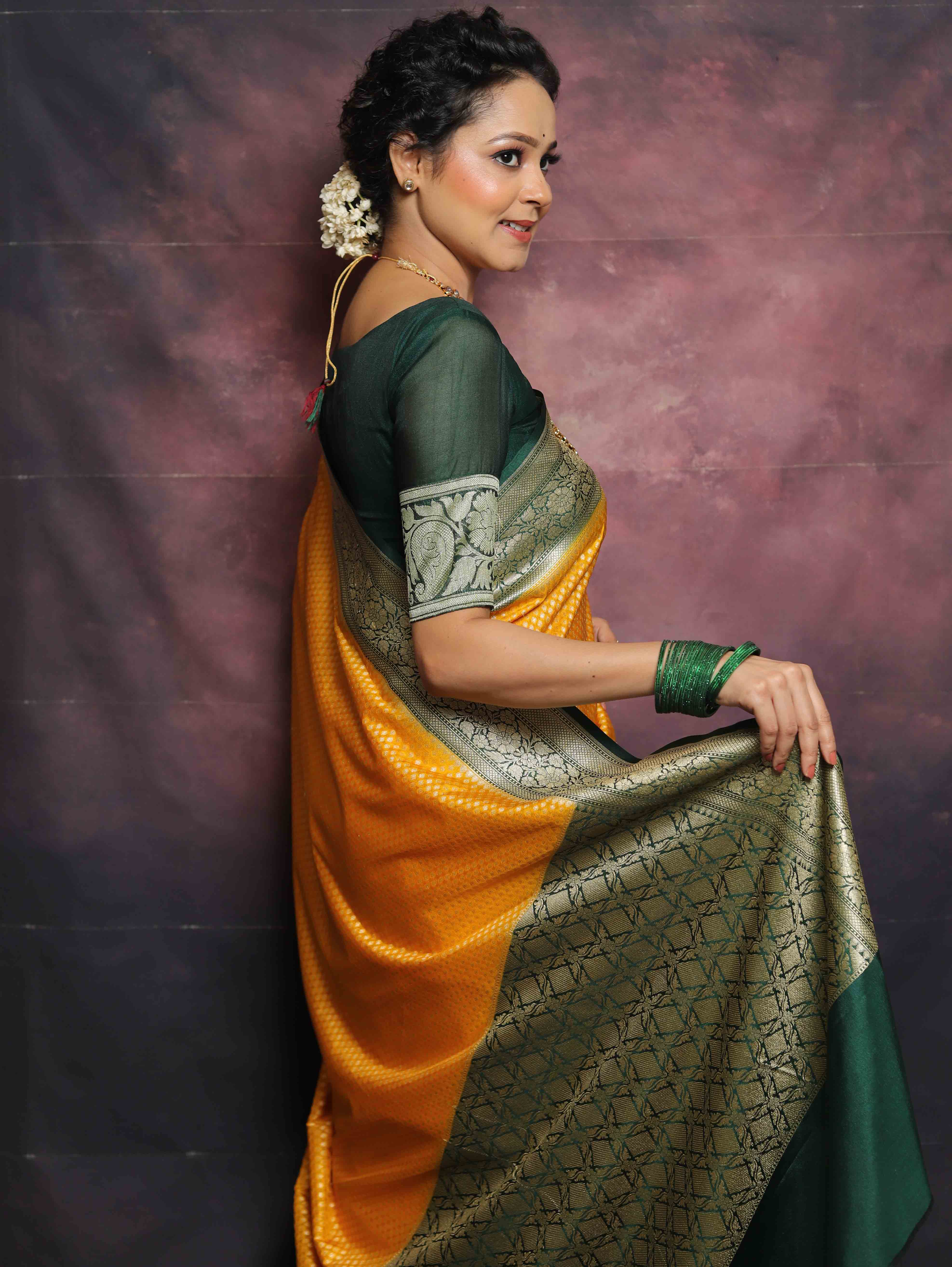 Banarasee Semi-Katan Zari Buta & Contrast Border Saree-Yellow & Green