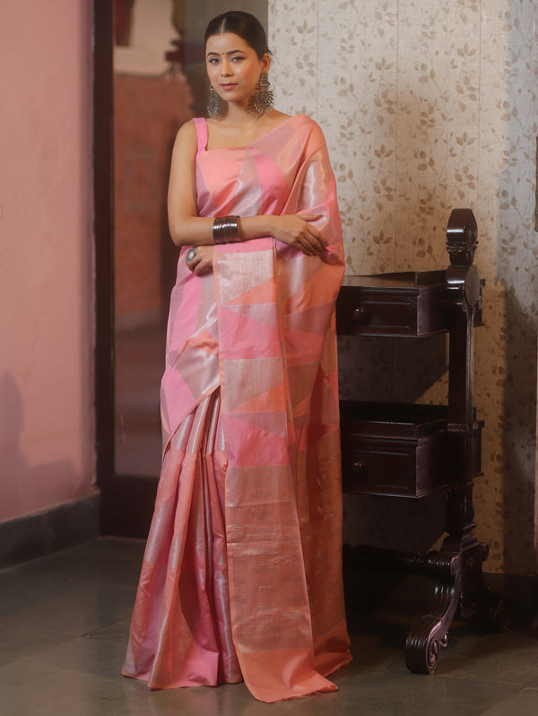 Banarasee Handwoven Semi Silk Saree With Zari Design-Pink & Peach