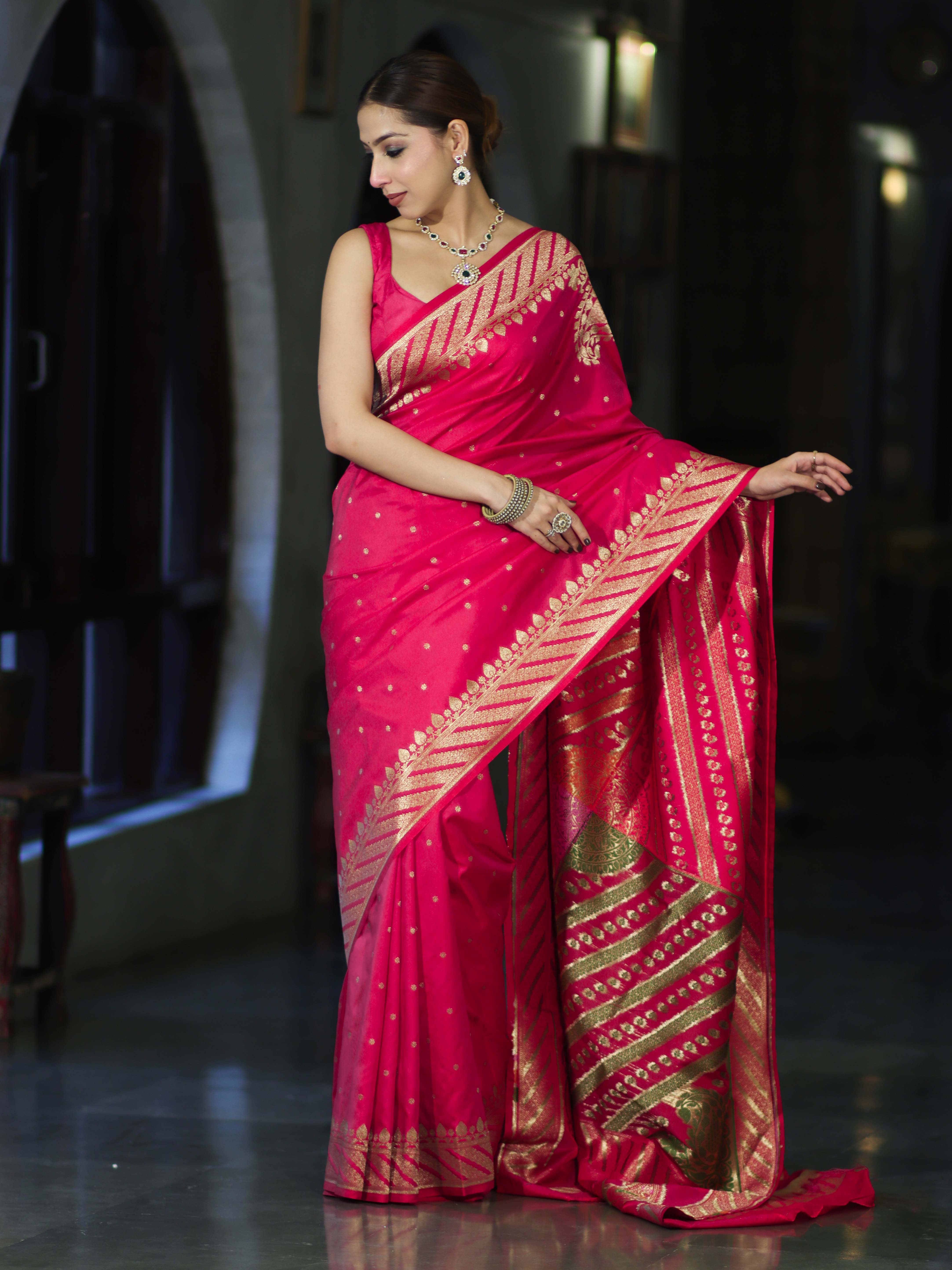 Banarasee Semi Katan Saree With Buti Design & Zari Woven Multicolor Pallu-Pink