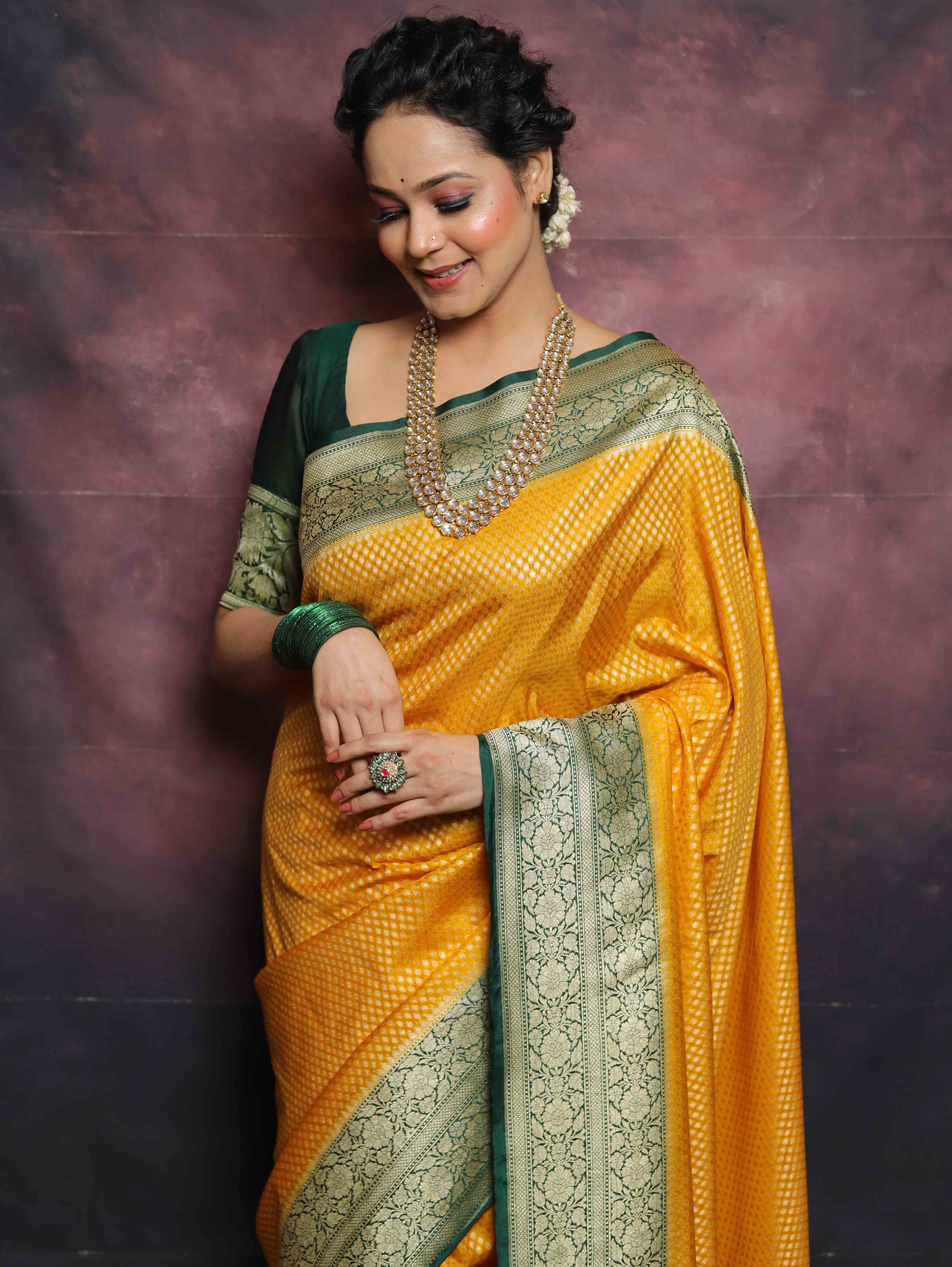 Banarasee Semi-Katan Zari Buta & Contrast Border Saree-Yellow & Green