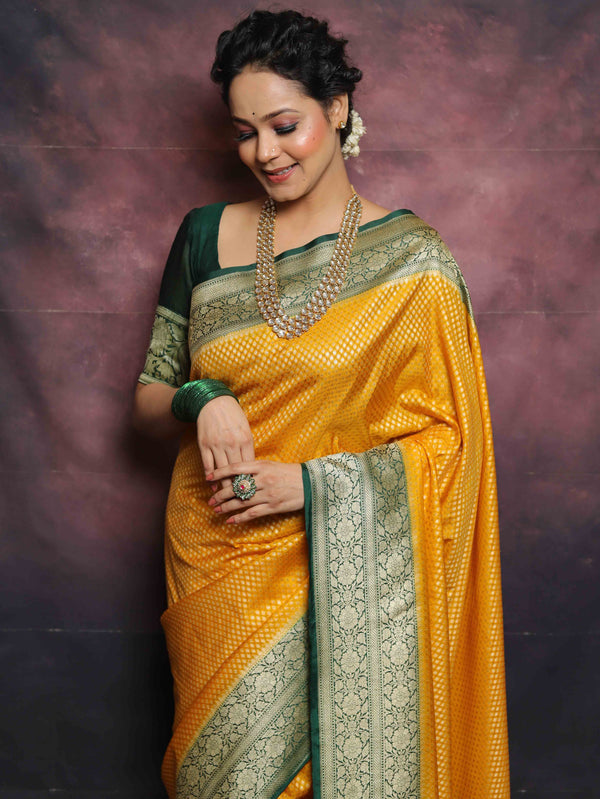 Banarasee Semi-Katan Zari Buta & Contrast Border Saree-Yellow & Green