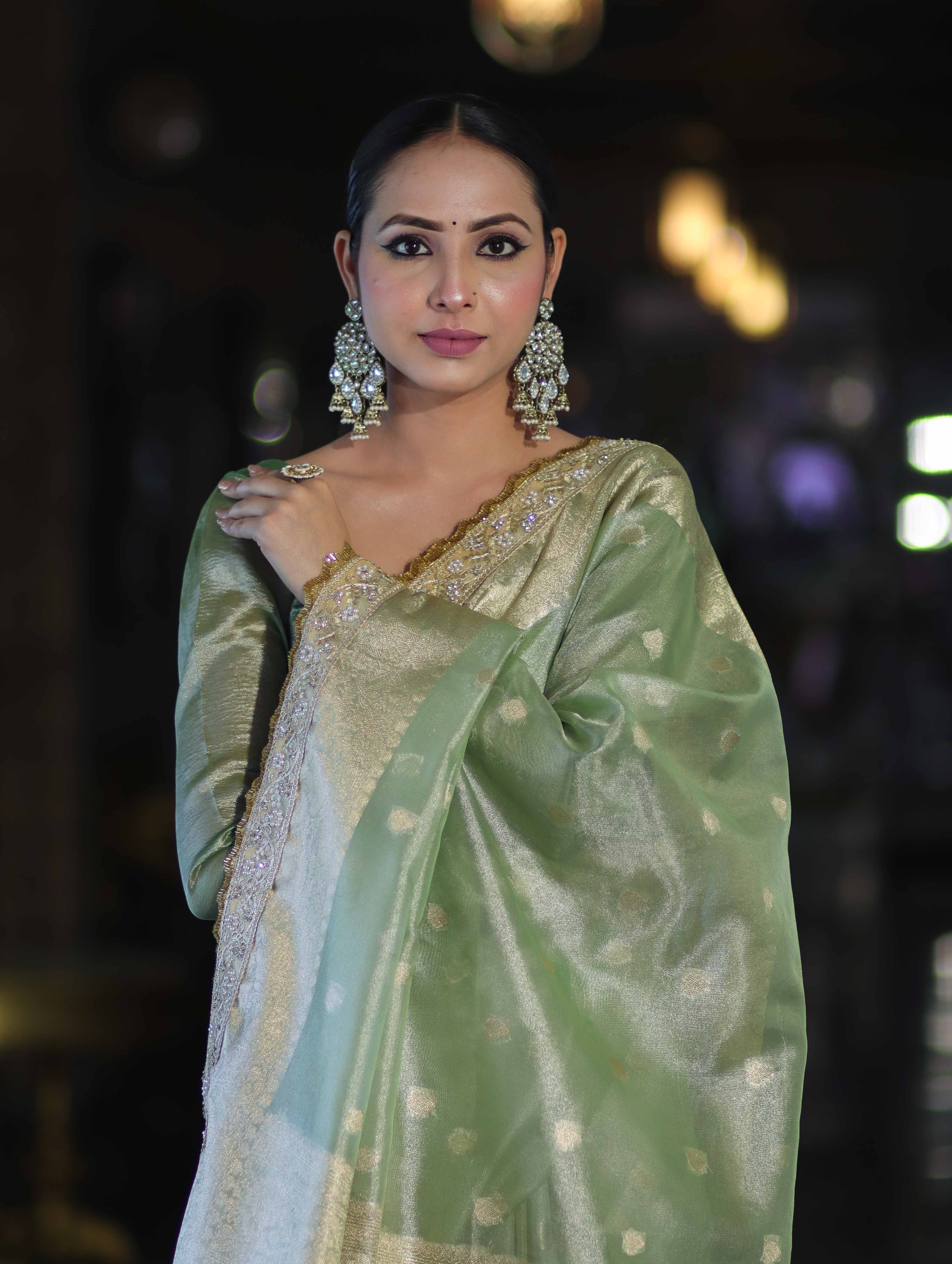 Banarasee Handloom Tissue Saree With Zari Buti Design Border & Lace-Pastel Green