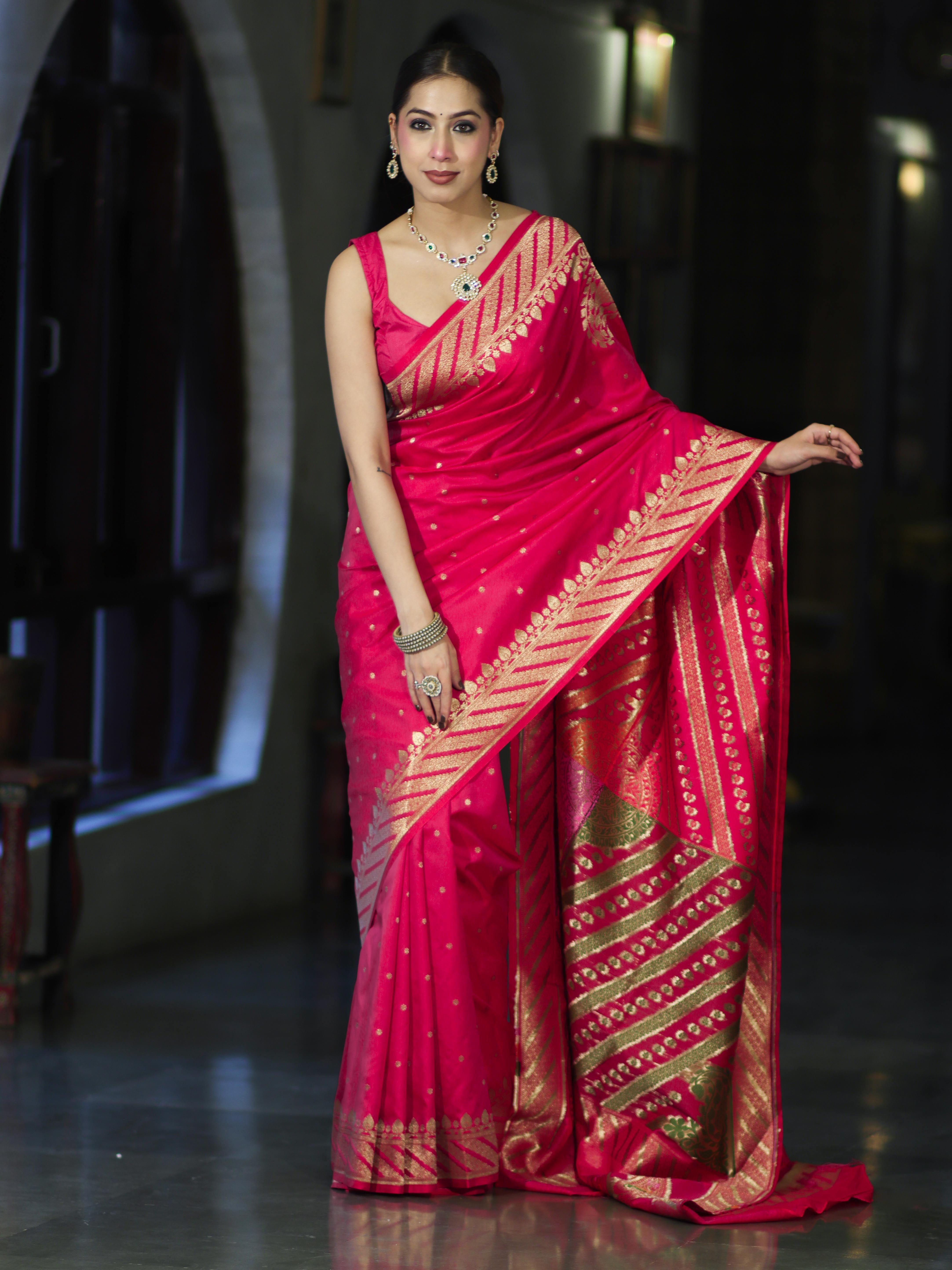 Banarasee Semi Katan Saree With Buti Design & Zari Woven Multicolor Pallu-Pink
