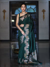 Banarasee Handloom Plain Semi Silk Saree With Zari Border-Deep Green